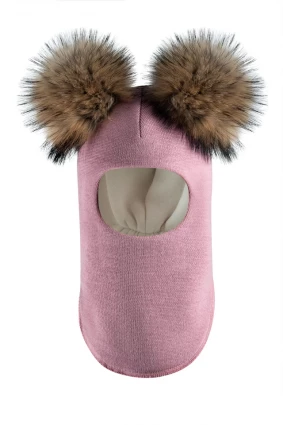 Зимова шапочка-шолом Corona.hm "Карамелька" пильно-рожевий з 2 натуральними помпонами єнот