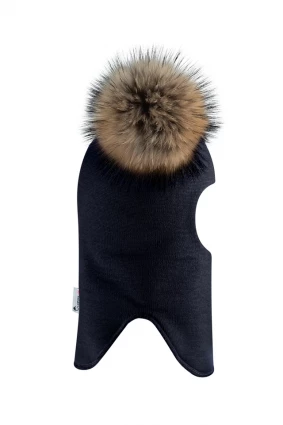 Зимова шапочка-шолом Corona.hm "Карамелька" синій оксамит з 2 натуральними помпонами єнот
