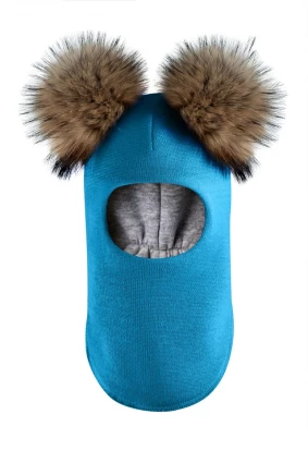 Зимняя шапочка-шлем Corona.hm "Карамелька" бирюза с 2 натуральными помпонами енот