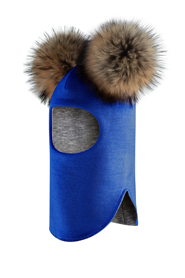 Зимова шапочка-шолом Corona.hm "Карамелька" електрик з 2 натуральними помпонами єнот