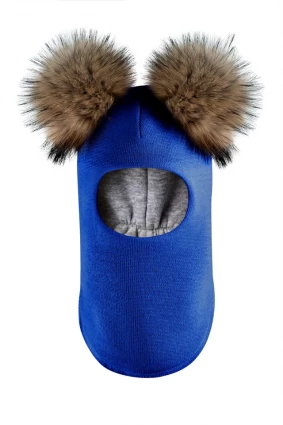 Зимова шапочка-шолом Corona.hm "Карамелька" електрик з 2 натуральними помпонами єнот