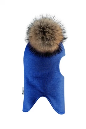 Зимова шапочка-шолом Corona.hm "Карамелька" електрик з 2 натуральними помпонами єнот