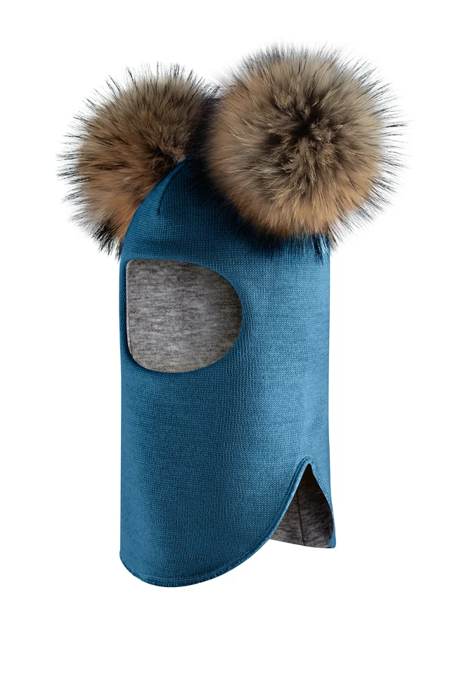 Зимова шапочка-шолом Corona.hm "Карамелька" морська хвиля з 2 натуральними помпонами єнот