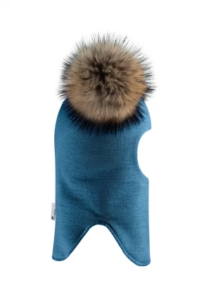 Зимова шапочка-шолом Corona.hm "Карамелька" морська хвиля з 2 натуральними помпонами єнот