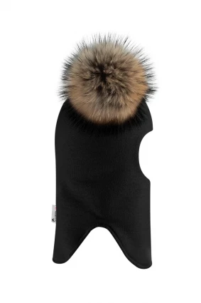 Зимова шапочка-шолом Corona.hm "Карамелька" чорний з 2 натуральними помпонами єнот