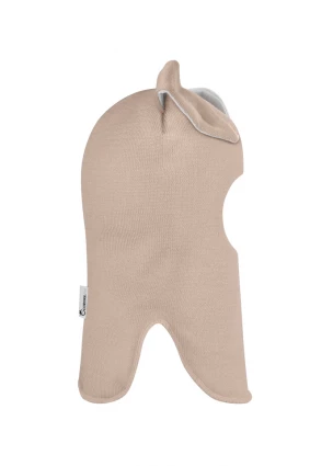 Зимняя шапочка-шлем Corona.hm "Зайка" на кнопочках беж золотой белый бантик