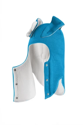 Зимняя шапочка-шлем Corona.hm "Зайка" на кнопочках бирюза белый бантик