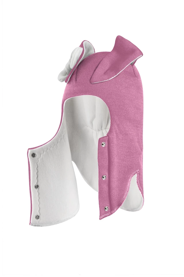 Зимняя шапочка-шлем Corona.hm "Зайка" на кнопочках пыльно-розовый  бантик