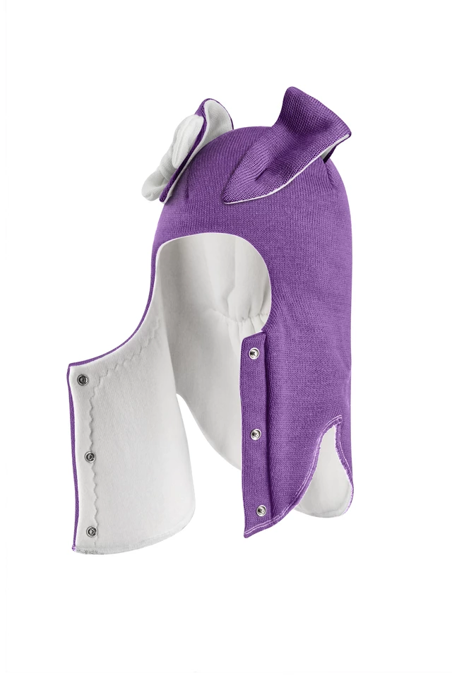 Зимняя шапочка-шлем Corona.hm "Зайка" на кнопочках фиалка белый бантик