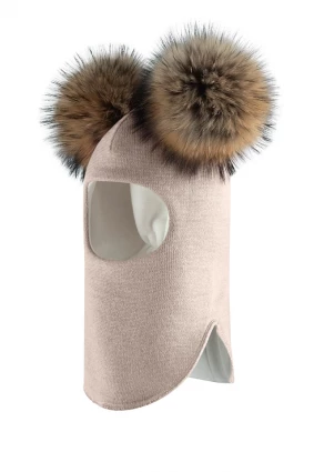 Зимова шапочка-шолом Corona.hm "Карамелька" лате з 2 натуральними помпонами єнот