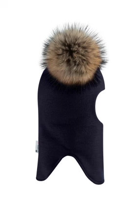 Зимняя шапочка-шлем Corona.hm "Карамелька" синий с 2 натуральными помпонами енот