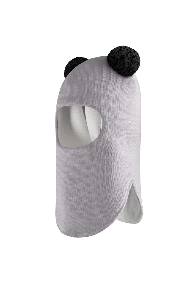 Зимняя шапочка шлем Corona.hm "Пандочка с черными помпонами" дымка