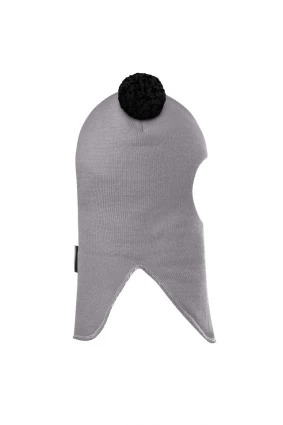 Зимняя шапочка шлем Corona.hm "Пандочка с черными помпонами" дымка