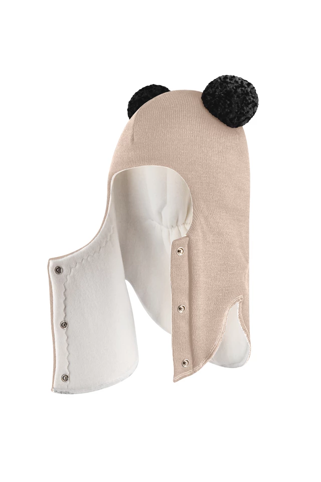 Зимова шапочка-шолом Corona.hm "Пандочка з чорними помпонами" на кнопочках беж золотий