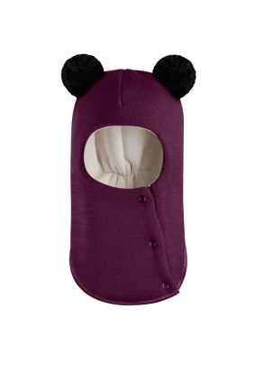 Зимова шапочка-шолом Corona.hm "Пандочка з чорними помпонами" на кнопочках бордо