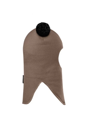 Зимова шапочка-шолом Corona.hm "Пандочка з чорними помпонами" на кнопочках молочний шоколад