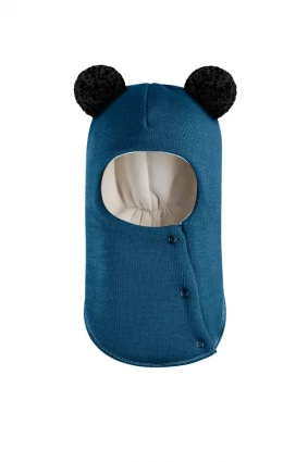 Зимова шапочка-шолом Corona.hm "Пандочка з чорними помпонами" на кнопочках морська хвиля