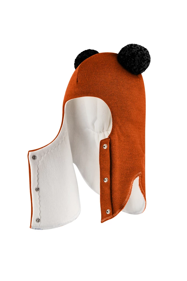 Зимова шапочка-шолом Corona.hm "Пандочка з чорними помпонами" на кнопочках помаранчевий