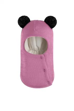 Зимова шапочка-шолом Corona.hm "Пандочка з чорними помпонами" на кнопочках пильно-рожевий