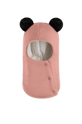 Зимова шапочка-шолом Corona.hm "Пандочка з чорними помпонами" на кнопочках пудра