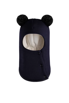 Зимова шапочка-шолом Corona.hm "Пандочка з чорними помпонами" на кнопочках синій