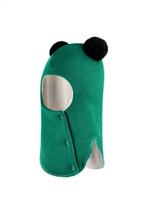 Зимова шапочка-шолом Corona.hm "Пандочка з чорними помпонами" на кнопочках смарагд