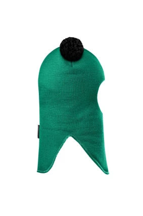 Зимова шапочка-шолом Corona.hm "Пандочка з чорними помпонами" на кнопочках смарагд