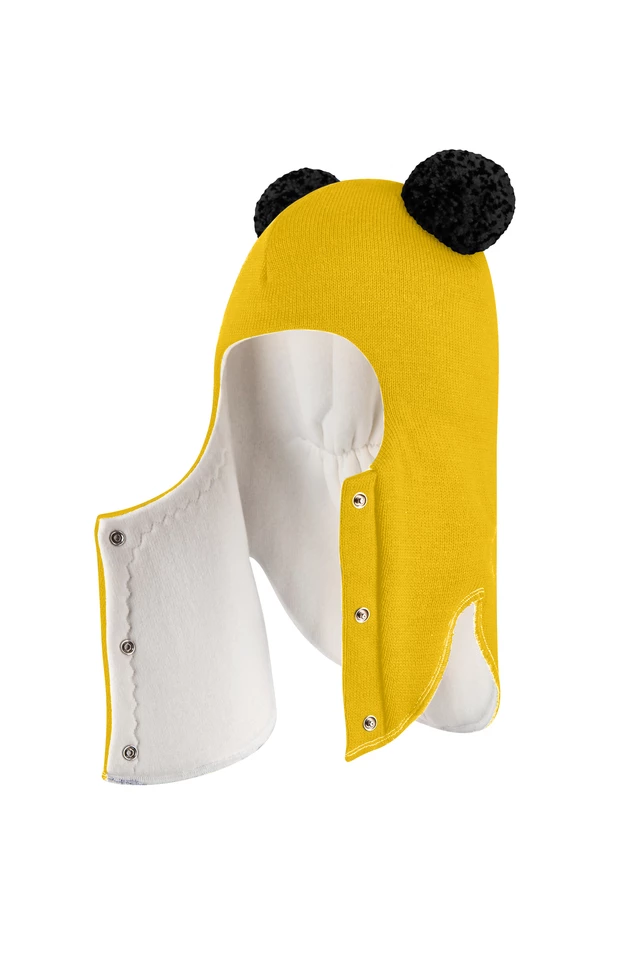 Зимова шапочка-шолом Corona.hm "Пандочка з чорними помпонами" на кнопочках сонце