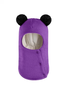Зимова шапочка-шолом Corona.hm "Пандочка з чорними помпонами" на кнопочках фіалка