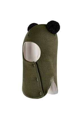 Зимова шапочка-шолом Corona.hm "Пандочка з чорними помпонами" на кнопочках хакі