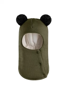 Зимова шапочка-шолом Corona.hm "Пандочка з чорними помпонами" на кнопочках хакі