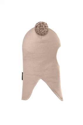 Зимова шапочка-шолом Corona.hm "Пандочка з помпонами МЕЛАНЖ" на кнопочках беж золотий
