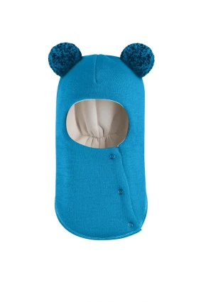 Зимова шапочка-шолом Corona.hm "Пандочка з помпонами МЕЛАНЖ" на кнопочках бірюза