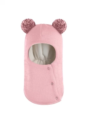 Зимова шапочка-шолом Corona.hm "Пандочка з помпонами МЕЛАНЖ" на кнопочках рожевий