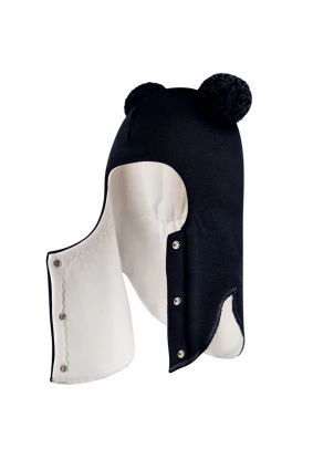 Зимова шапочка-шолом Corona.hm "Пандочка з помпонами МЕЛАНЖ" на кнопочках синій оксамит