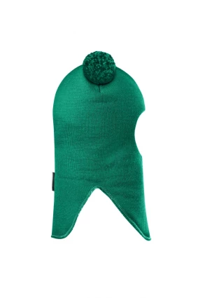 Зимова шапочка-шолом Corona.hm "Пандочка з помпонами МЕЛАНЖ" на кнопочках смарагд