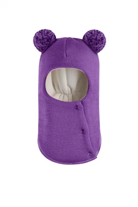 Зимова шапочка-шолом Corona.hm "Пандочка з помпонами МЕЛАНЖ" на кнопочках фіалка