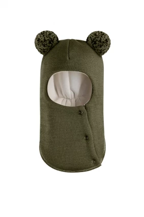 Зимова шапочка-шолом Corona.hm "Пандочка з помпонами МЕЛАНЖ" на кнопочках хакі