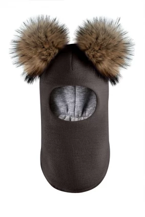 Зимняя шапочка-шлем Corona.hm "Карамелька" графит с 2 натуральными помпонами енот