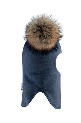 Зимова шапочка-шолом Corona.hm "Карамелька"  джинс з 2 натуральними помпонами єнот