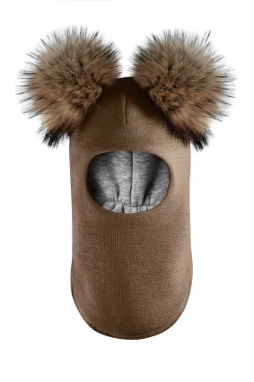 Зимова шапочка-шолом Corona.hm "Карамелька"  молочний шоколад з 2 натуральними помпонами єнот