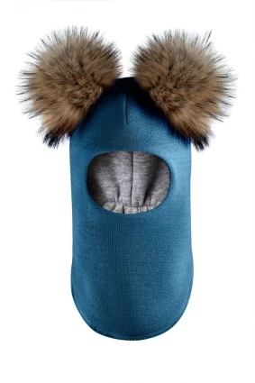 Зимова шапочка-шолом Corona.hm "Карамелька"  морська хвиля з 2 натуральними помпонами єнот