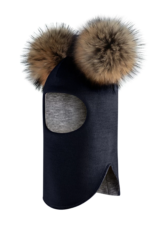 Зимова шапочка-шолом Corona.hm "Карамелька"  синій оксамит з 2 натуральними помпонами єнот