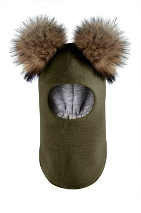 Зимова шапочка-шолом Corona.hm "Карамелька"  хакі з 2 натуральними помпонами єнот