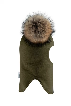 Зимова шапочка-шолом Corona.hm "Карамелька"  хакі з 2 натуральними помпонами єнот