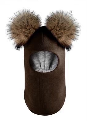 Зимова шапочка-шолом Corona.hm "Карамелька"  шоколад з 2 натуральними помпонами єнот