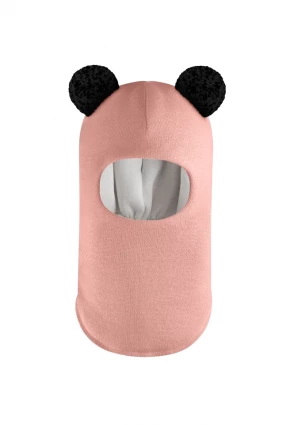 Зимова шапочка-шолом Corona.hm "Пандочка з чорними помпонами" пудра