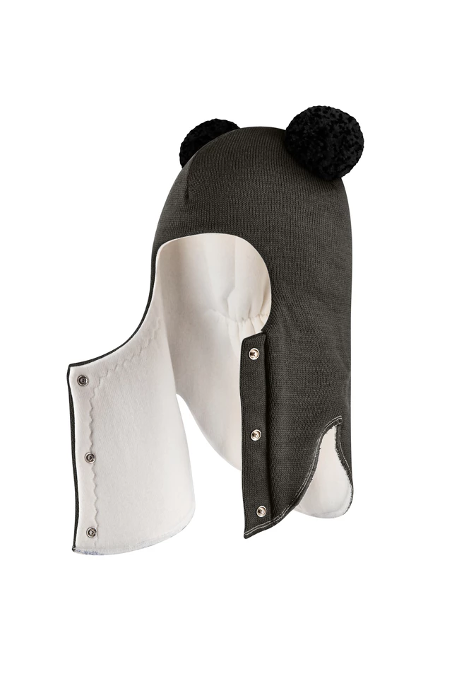 Зимова шапочка-шолом Corona.hm "Пандочка з чорними помпонами" на кнопочках графіт