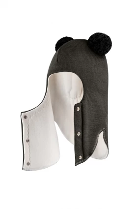 Зимова шапочка-шолом Corona.hm "Пандочка з чорними помпонами" на кнопочках графіт