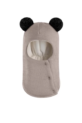 Зимова шапочка-шолом Corona.hm "Пандочка з чорними помпонами" на кнопочках капучіно
